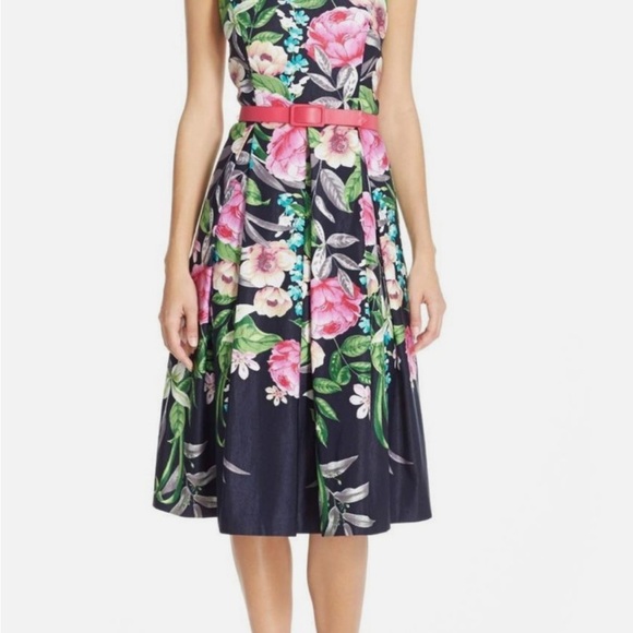 Eliza J Pink, navy green floral belted Midi Dress size 14 - Picture 1 of 5